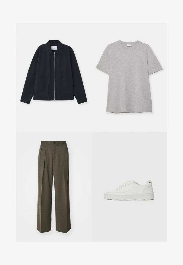 Musta takki, joka on valmistettu sileästä kankaasta, sisältää etuvetoketjun, suuria taskuja ja klassisen kauluksen muotoilun. Ei näkyviä kuvioita tai yksityiskohtia.; Harmaa lyhythihainen T-paita, joka on valmistettu pehmeästä ja teksturoidusta kankaasta. Varustettu klassisella pyöreällä pääntiellä ja suoraselkäisellä helman kanssa, sopii rentoon pukeutumiseen.; Filippa K WIDE TROUSERS - Housut - driftwood; Valkoinen nahkakenkä, jossa on sileä pinta, pyöreä kärki, tasaiset nauhat ja teksturoitu pohja. Sisältää huomaamattoman logon kantapäässä.
