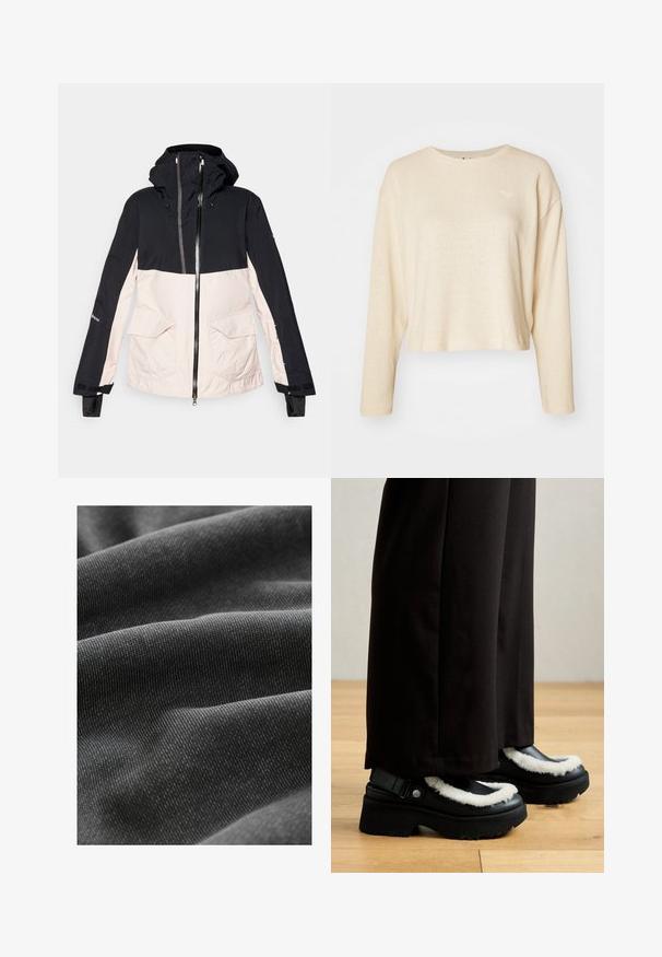 Roxy GORE TEX STRETCH PURELINES  - Snovborda jaka - pink salt; Kremkrāsas īsais džemperis ar garām piedurknēm, izgatavots no teksturēta auduma. Tam ir neliela, diskrēta logotipa uzšuvums uz krūškurvja un apaļš kakla izgriezums.; Tumši pelēks audums ar teksturētu, rievotu rakstu, kas izceļ maigas krokas un smalku spīdumu materiālā. Viegls un elastīgs izskats.; Melnas platformas kurpes ar baltu pūkainu apdari, noapaļu purngalu un siksniņu ar metālu pogu. Valkātas ar melnajām biksēm uz koka grīdas.