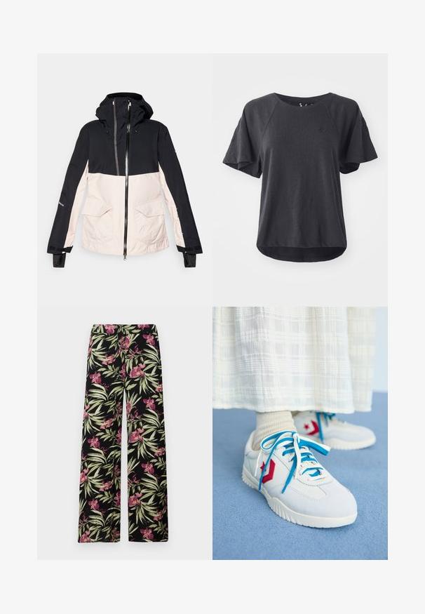 Roxy - Kurtka snowboardowa; Czarny t-shirt wykonany z miękkiego materiału, z okrągłym dekoltem, krótko raglanowymi rękawami i zaokrąglonym dolnym brzegiem. Małe logo na piersi.; Szerokie spodnie z czarnego materiału z kwiatowym wzorem w różowe orchidee i zielone liście. Gładka struktura oraz luźny krój.; Białe sneakersy z czerwonymi i niebieskimi akcentami, teksturowana tkanina, płaskie sznurówki, gumowe podeszwy i szczegół logo z boku. Noszone z jasnymi skarpetami.