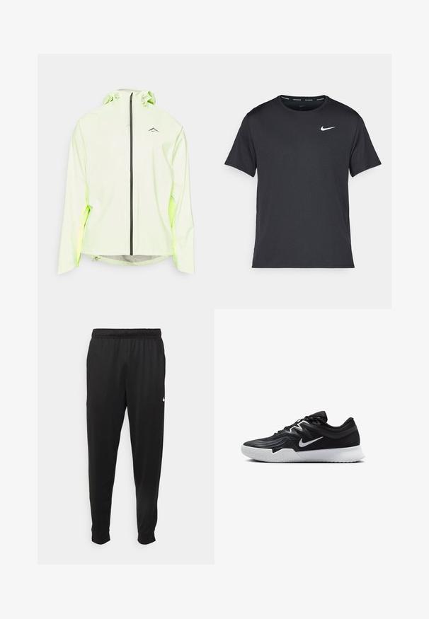 Lichtgroene waterdichte jas met capuchon, vooraan met rits en zwarte accenten. Bevat een logo op de borst en elastische manchetten.; Zwarte Nike hardloop T-shirt gemaakt van lichtgewicht, ademend materiaal, met korte mouwen en een klein wit logo op de borst.; Zwarte sportbroek gemaakt van gladde stof, met een elastische tailleband, taps toelopende pijpen en een klein wit logo aan de linkerzijde.; Zwarte sportieve schoen met een gestructureerde bovenkant, witte Nike swoosh en een witte rubberen zool. Beschikt over een veterontwerp en een dynamische vorm.