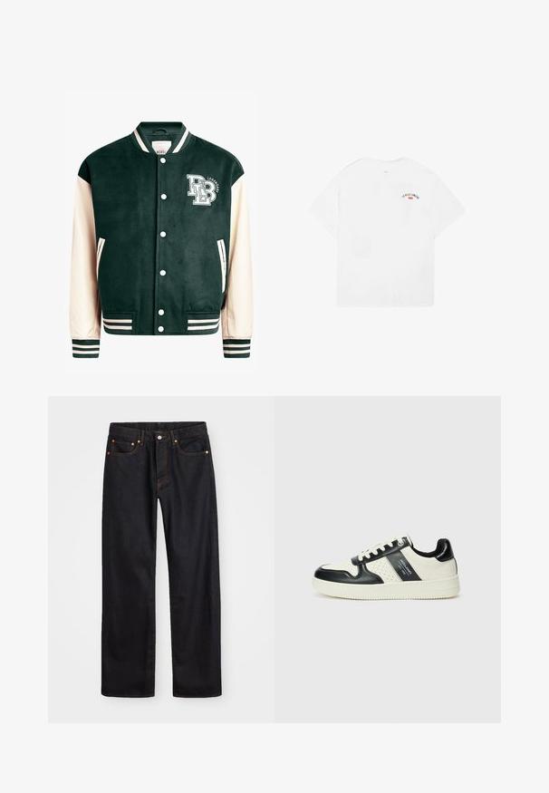 Donkergroene varsityjack met crèmekleurige mouwen, geribde boorden en kraag. De voorkant heeft een logo met witte letters, drukknoopsluiting en zijzakken.; Witte katoenen t-shirt met korte mouwen, ronde halslijn en een kleine grafische opdruk met de tekst "LA VILLE LUMIÈRE" in zwart en rood op de bovenrug.; Heren straight-leg zwarte denim jeans met vijf zakken en oranje stiksels, knoop- en ritssluiting op de voorkant van de tailleband.; Leren sneakers met een zwart en crèmekleurig kleurenschema, voorzien van geperforeerde accenten, een gevoerde kraag en een gestructureerde buitenzool.