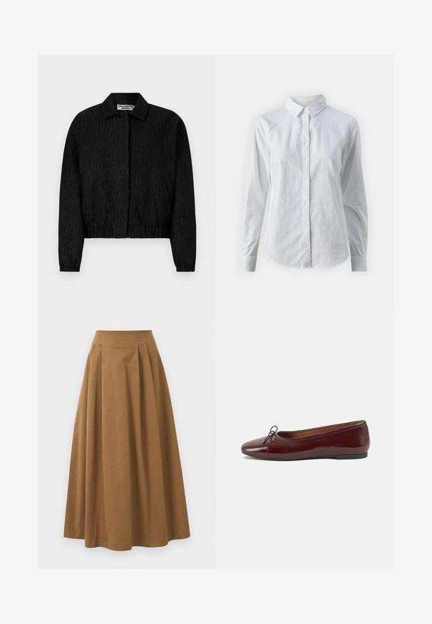 Mustast bomber-jakist, millel on tekstureeritud kangas lainekujunditega, kraega kaelus ning elastsed mansetid ja alläär. Brändi silt nähtav kaelas.; Valge nööpidega särk, mis on valmistatud siledast puuvillast. Särgil on klassikaline krae, pikad varrukad ja kaarduv äär. Nöödid on väikesed ja valged.; Pruun puuvillane A-line seelik kõrge vöökohaga, millel on voldid ees ja sile tekstuur. Pika serva viimistlus on puhas ja lihtne.; Burgundi patendnahk kingad balletitüüpi, ümmarguse ninaosa, ees väike paelaaktsent ja madal must kummist tald. Sile tekstuur.