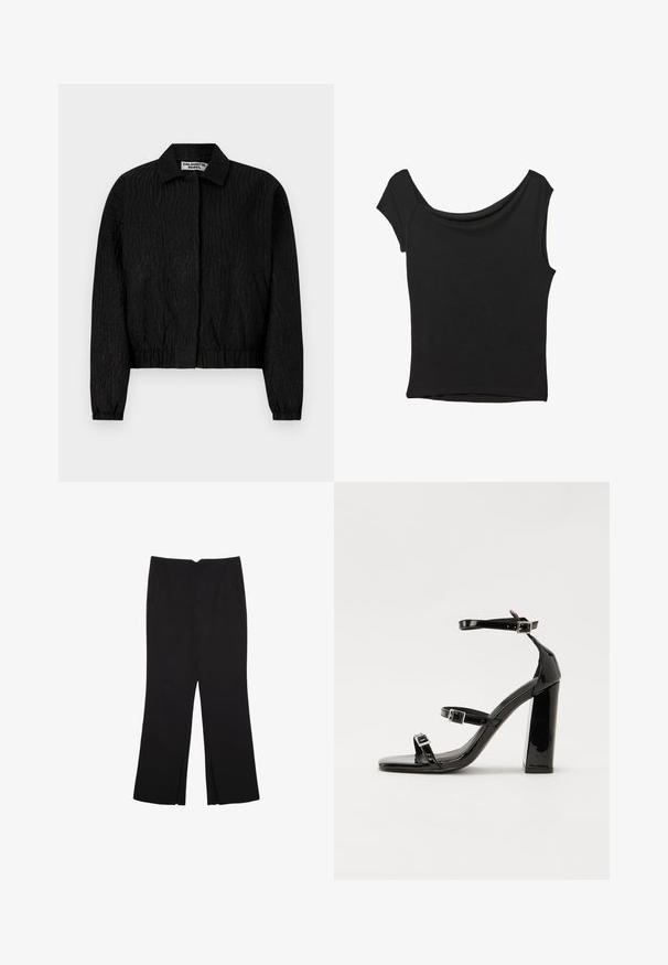 Giacca bomber nera in tessuto testurizzato con motivi a onde, colletto, e polsini e orlo elasticizzati. Etichetta del marchio visibile al colletto.; Top nero a maniche corte realizzato in tessuto liscio; presenta un colletto drappeggiato e un orlo asimmetrico, con una vestibilità aderente.; Pantaloni neri a gamba dritta, con tasche frontali e spacchi laterali all'orlo. Realizzati in tessuto morbido e liscio. Adatti a diverse occasioni.; Sandali con tacco in vernice nera, con punta squadrata, cinturini alla caviglia e fibbie in argento. Presentano un tacco a blocco spesso per maggiore stabilità.