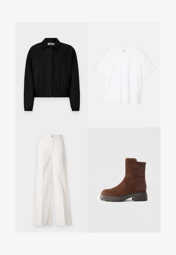 Fekete bomber dzseki texturált anyaggal, hullám mintázattal, gallérral és rugalmas mandzsettákkal, valamint derékrésszel. Márkacímke látható a galléron.; Fehér pamut póló rövid ujjal, kerek nyakkivágással, laza fazonnal és varrott szegéllyel. Címke látható a belső nyakrészén.; Fehér, bővebb nadrág, amely pamutból készült, sima textúrával. Elöl gombbal, cipzáras záródással és négy zsebes kialakítással rendelkezik.; Barna velúr bokacsizma, rugalmas oldalsó panelekkel, lekerekített orral és vastag gumitalppal, amelynek felszíne mintázott.
