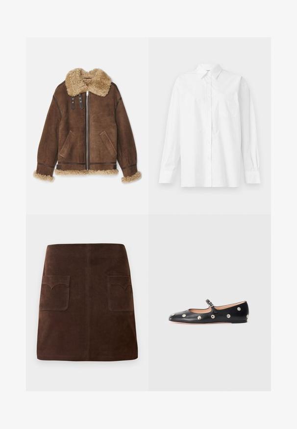 Bally Læderjakker - midbrown/beige; Hvid langærmet skjorte lavet af bomuld, med klassisk krave, knaplukning og en enkelt brystlomme på venstre side.; Mørkebrun ruskindnederdel med en klassisk A-formet silhuet, to forreste lommer med rundede klapper og subtile syninger.; Sorte læder Mary Jane flad sko med en rund tå, udstyret med sølvfarvede runde nitter og en justerbar rem med spænde.