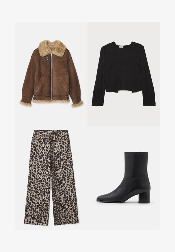 Bally Leren jas - midbrown/beige; Zwarte langekoots top met een ronde halslijn, gestructureerde stof, cropped zoom en subtiele naden, met zijzakken voor extra detail.; Witte katoenen t-shirt met korte mouwen, ronde halslijn, comfortabele pasvorm en gestikte zoom. Etiket zichtbaar aan de binnenzijde van de hals.; Luipaardprint wijde broek met een elastische tailleband, met een beige achtergrond en bruin-zwarte spikkels. Zachte, lichte stof.; Zwarte leren enkelboot met een spitse neus en een chunky vierkante hak. Glad oppervlak met een naadloos ontwerp en minimalistische stiksels.