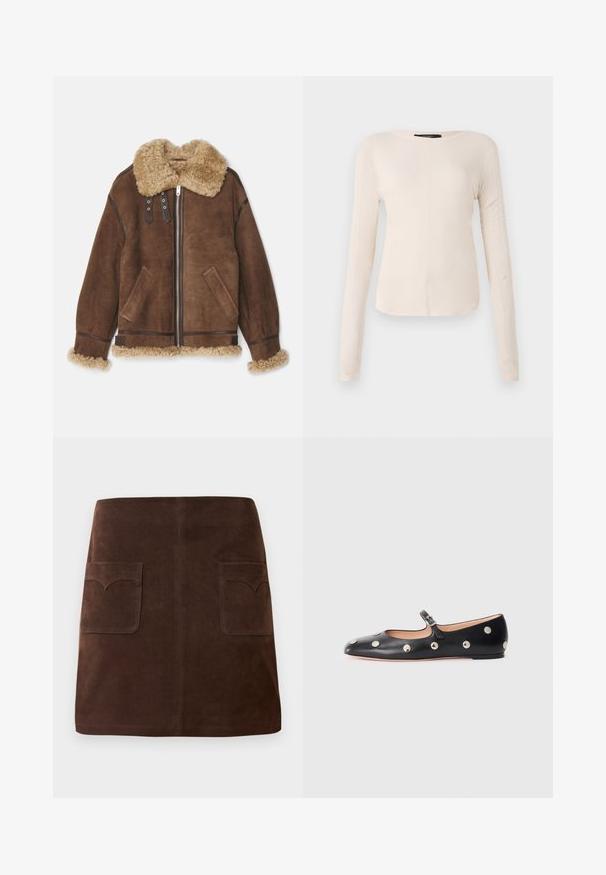 Bally Lederjacke - midbrown/beige; Langärmliges, hellbeiges Oberteil mit rundem Ausschnitt. Aus weichem Stoff gefertigt, verfügt es über eine zentrale Naht und einen leicht geschwungenen Saum. Keine sichtbaren Beschläge.; Brauer Wildlederrock im klassischen A-Linien-Schnitt, mit zwei vorderen Taschen mit abgerundeten Klappen und dezenten Nähten.; Schwarze Leder-Mary-Jane-Ballenflats mit runder Zehenform, ausgestattet mit silbernen runden Nieten und einem verstellbaren Riemen mit Schnalle.