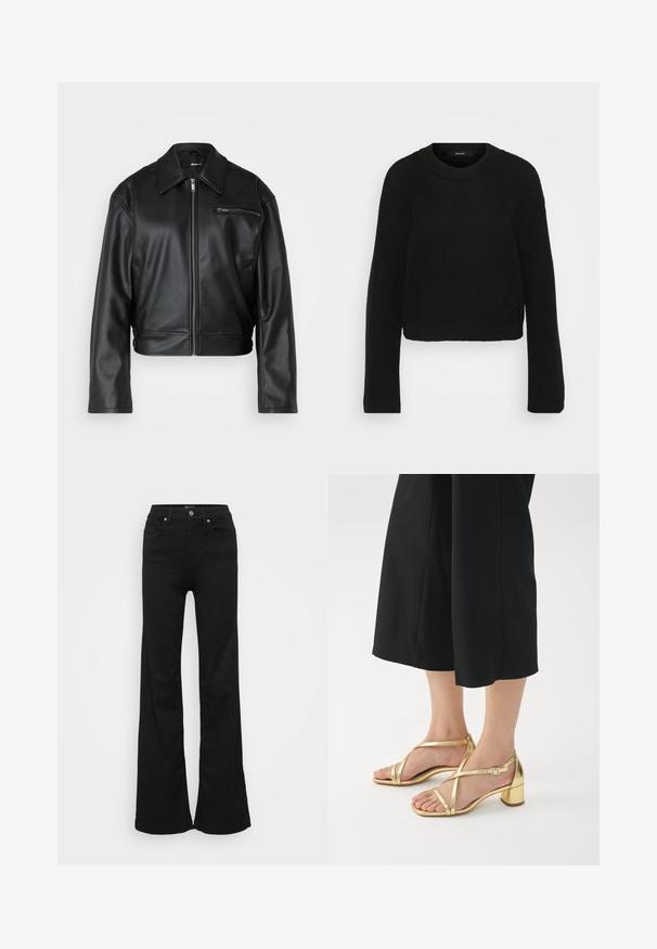 Giubbotto corto in pelle nera conzip a doppia apertura, colletto ampio e una tasca sul petto con zip. Tessuto liscio con dettagli minimi.; Maglione nero a maglia con girocollo e maniche lunghe. Presenta un motivo testurizzato e un design corto.; Jeans neri a zampa d'elefante realizzati in denim, con vita alta, cinque tasche e chiusura con bottone metallico. Texture liscia con dettagli minimi.; Sandali dorati con cinturini, dotati di un tacco largo, caratterizzati da cinturini sottili e chiusura con fibbia, su uno sfondo bianco semplice.