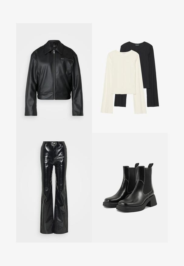 Čierna kožená skrátená bunda s predným zipsom, širokým golierom a jedným zipsom na hrudníku. Hladká textúra s minimálnym detailovaním.; Súprava dvoch dlhých rukávov v bielej a čiernej farbe. Žebrovaná textúra, okrúhly výstrih, priliehavý strih s mierne rozšírenými rukávmi.; Čierne umelé kožené nohavice s rozšírenými nohavicami a lesklým povrchom, s vysokým pásom, prednými vreckami a striebornými kovovými akcentmi.; Čierne kožené Chelsea čižmy s robustným podpätkom, elastickými bočnými panelmi a kontrastným bielym prešívaním. Textúrovaný povrch.