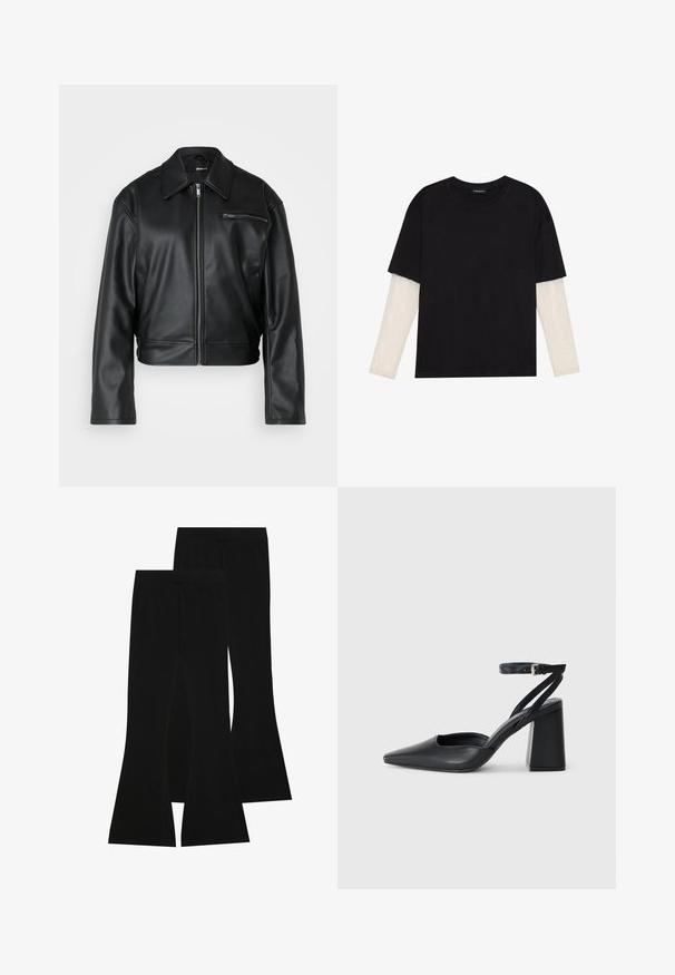 Jachetă scurtă din piele neagră, cu fermoar frontal, guler lat și un singur buzunar pe piept cu fermoar. Textură netedă, cu detalii minime.; Tricou negru din bumbac, cu mâneci scurte, peste un strat alb cu mâneci lungi, având un model texturat subtil. Design cu guler rotund.; Pantaloni negri evazați din țesătură elastică, cu un talie înaltă și o textură fină, având un design ajustat care se lărgește de la genunchi.; Pantofii cu toc ascuțit din piele neagră, cu breteaua pentru glezne și toc gros. Textură netedă, design elegant și estetică minimală.