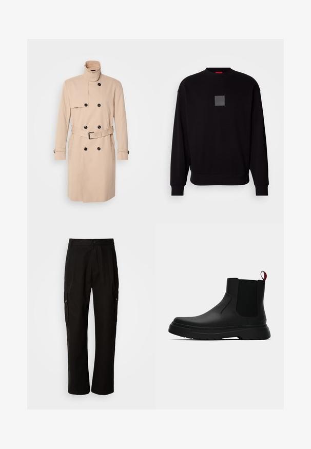 Beige trenchcoat met hoge kraag, dubbele knoopsluiting, zwarte knopen en een ceintuur in de taille. Glad materiaal met lange mouwen.; Zwarte sweatshirt met lange mouwen, ronde halslijn, een grijzige vierkante logo op de voorkant, zachte textuur en geribde manchetten en zoom.; Zwarte cargobroek van katoen met een relaxte pasvorm, voorzien van zijzakken, een knoopsluiting en rechte pijpen. Eenvoudig ontwerp zonder patronen.; Zwarte enkelboot met een gladde afwerking, elastische zijpanelen en een contrasterende rode treklus, met een dikke rubberen zool en een afgeronde teen.