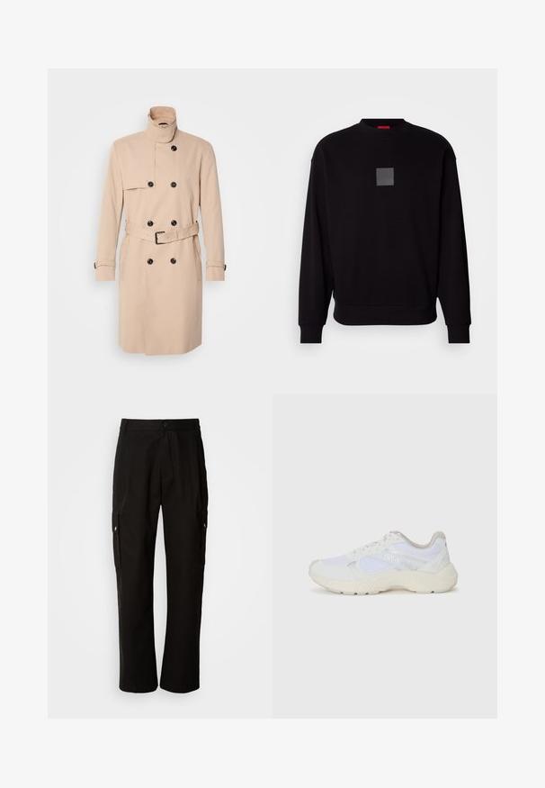 Beige trench coat featuring a high collar, double-breasted design, black buttons, and a belted waist. Smooth fabric with long sleeves.; Black sweatshirt with long sleeves, round neckline, a front gray square logo, soft texture, and ribbed cuffs and hem.; Black cargo pants made of cotton with a relaxed fit, featuring side pockets, a button closure, and straight legs. Simple design without patterns.; White athletic shoes made of mesh and suede, featuring a textured midsole, textured accents, and "HUGO" logo on the side.