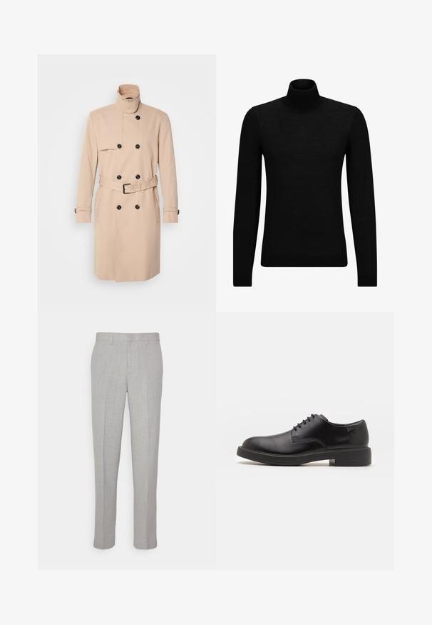 Béžový trenčkot s vysokým golierom, dvojradovým zapínaním, čiernymi gombíkmi a opaskom v páse. Hladká tkanina s dlhými rukávmi.; Čierny rolák vyrobený z jemného materiálu, s dlhými rukávmi a tesným strihom. Hranatý lem a manžety s ribbed úpravou. Jednoduchý dizajn.; Svetlo-sivé nohavice s hladkým povrchom, plochým predným dielom a rovnými nohavicami. Vyrobené z priedušnej látky, s vnútornými vreckami a pútkami na opasok.; Čierne kožené šnurovacie topánky s okrúhlou špičkou, hladkým povrchom, minimálnym prešívaním a nízkym gumovým podpätkom. Logo na podpätku.