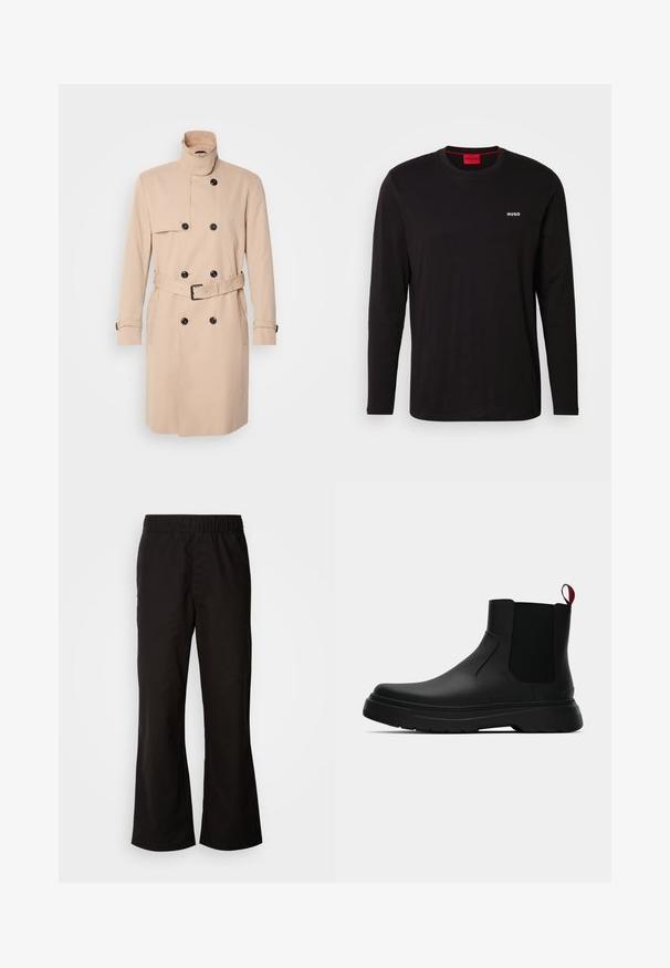 Šviesiai rudos spalvos trenčkotai su aukštu apykakle, dvigubos sagos dizainu, juodomis sagomis ir dirželiu. Lygus audinys su ilgomis rankovėmis.; Juodas ilgomis rankovėmis medvilninis marškinėlis, turintis apvalų iškirpimą ir baltą "HUGO" logotipą ant krūtinės. Lygus paviršius, laisva silueto forma.; Juodi elastingi kelniai su išplėstu siluetu, pagaminti iš lygaus medvilnės audinio. Pasižymi paprastu dizainu ir tiesiomis apdailomis.; Juodas kulkšninis batas su lygiu paviršiumi, elastiniais šonų intarpais ir kontrastingu raudonu kilimėliu, turintis storą guminį pado ir apvalią nosį.