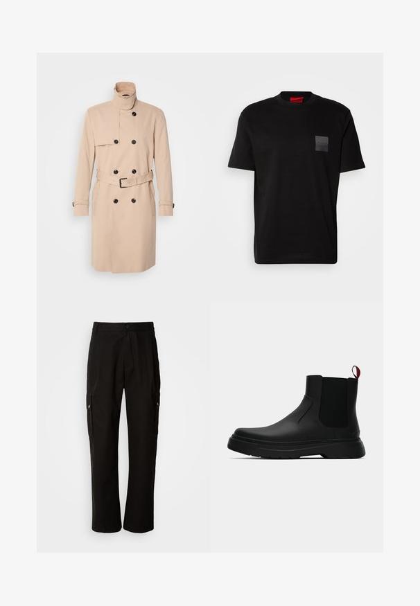 Beige trench coat featuring a high collar, double-breasted design, black buttons, and a belted waist. Smooth fabric with long sleeves.; Black cotton T-shirt with a crew neck, featuring a textured black patch with logo on the left chest. Short sleeves and relaxed fit.; Black cargo pants made of cotton with a relaxed fit, featuring side pockets, a button closure, and straight legs. Simple design without patterns.; Black ankle boot with a smooth finish, elastic side panels, and a contrasting red pull tab, featuring a thick rubber sole and rounded toe.
