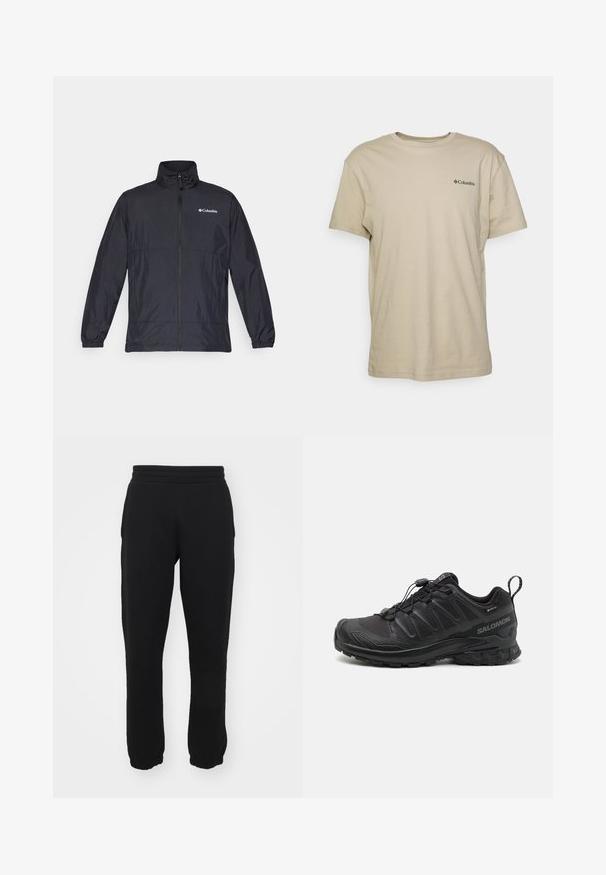 Czarna, lekka kurtka z wysokim kołnierzem, pełnym zamkiem z przodu, elastycznymi mankietami oraz logo na lewej piersi. Gładki, wodoodporny materiał.; Beżowa koszulka bawełniana z krótkimi rękawami, okrągłym dekoltem i małym czarnym logo na lewej piersi. Gładka faktura, casualowy fason.; Czarne dresy wykonane z mieszanki bawełny, z elastycznym pasem, zwężanymi nogawkami i ściągaczami przy kostkach. Prosty design, bez wzorów.; Czarny but sportowy z teksturowanym syntetycznym wierzchem, amortyzowaną podeszwą i systemem szybkiego sznurowania. Posiada wzmocniony nos i piętę.