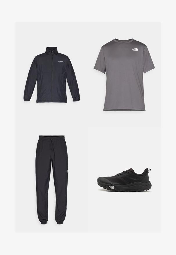 Giubbotto leggero nero con colletto alto, chiusura frontale con zip completa, polsini elastici e logo sul petto sinistro. Tessuto liscio e resistente all'acqua.; Maglietta atletica grigia a maniche corte realizzata in tessuto leggero e morbido. Presenta un logo bianco sulla parte sinistra del petto. Design con collo rotondo.; Pantaloni sportivi neri realizzati in tessuto leggero, con vita regolabile con cordino, tasche laterali e orli affusolati alle caviglie.; Scarpa da trail running nera con tomaia texture, suola in gomma e punta rinforzata. Presenta un collare imbottito e un tassello per un indossamento facile.