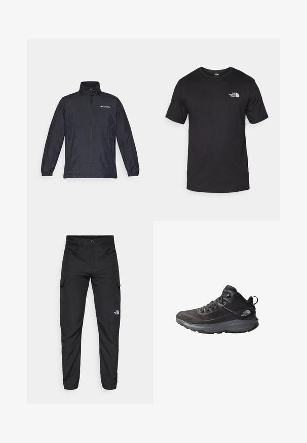 Black lightweight jacket with a high collar, full zip front, elastic cuffs, and a logo on the left chest. Smooth, water-resistant fabric.; Black short-sleeve t-shirt made of cotton, featuring a round neckline and a small white logo on the upper left chest area.; The North Face HORIZON PANT - Outdoor trousers - black; Black hiking shoes with a textured upper, reinforced toe cap, and gray outsole. Features a lace-up design and padded ankle collar.