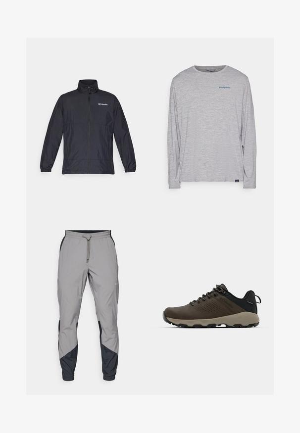 Veste légère noire avec un col montant, fermeture éclair sur le devant, poignets élastiques et un logo sur la poitrine gauche. Tissu lisse, résistant à l'eau.; T-shirt à manches longues gris clair en tissu doux et texturé. Il présente un col rond et un petit logo Patagonia bleu sur la poitrine.; Pantalons de sport légers, gris, avec des accents noirs. Ceinture élastique, fermeture à cordon, design à jambes fuselées et poches latérales.; Baskets imperméables marron avec une tige texturée, des accents perforés, un support de talon noir et une semelle en caoutchouc grise. Les lacets sont ornés d'embouts métalliques.