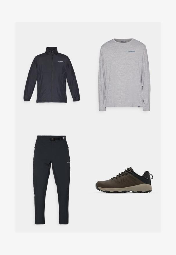 Črna lahka jakna z visokim ovratnikom, polnim zadrgo spredaj, elastičnimi manšetami in logotipom na levi prsni strani. Gladek, vodoodporen material.; Svetlo siva majica dugih rukava od mekog, teksturiranog materijala. Ima okrugli izrez i mali plavi Patagonia logo na grudima.; Columbia ESSENTIAL HIKE™ PANT - Hlače za na prostem - black; Rjave vodoodporne superge z teksturiranim zgornjim delom, perforiranimi detajli, črno podporo za peto in sivo gumijasto podlogo. Šnure imajo metalne konice.