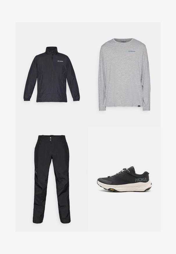 Black lightweight jacket with a high collar, full zip front, elastic cuffs, and a logo on the left chest. Smooth, water-resistant fabric.; Light gray long-sleeve t-shirt made of soft, textured fabric. Features a crew neck and a small blue Patagonia logo on the chest.; Black waterproof pants with a smooth texture, featuring two front buttons and a tapered leg design. Accented with a logo on the side.; Black athletic shoe with a textured upper, grey accents, reflective details, and a thick white sole featuring Vibram branding.