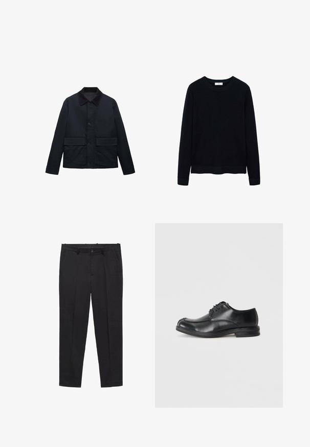 Námořnická bunda vyrobená z textilního materiálu s manšestrovým límcem, předními knoflíky a dvěma velkými horizontálními kapsami. Jednoduchý, rovný střih.; Černý žebrovaný svetr s dlouhým rukávem a kulatým výstřihem, s jemnou texturou. Uzavřené manžety a spodní lem přispívají k jeho strukturovanému designu.; Černé upravené kalhoty vyrobené z hladké látky, s plochým předním dílem, poutky na opasek a bočními kapsami. Design s přímým střihem nohavic.; Černé kožené šněrovací boty s kulatou špičkou, hladkým povrchem a nízkým podpatkem. Mají šití podél svršku a stran.