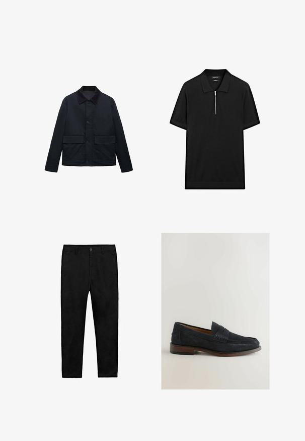 Granatowa kurtka wykonana z fakturowanej tkaniny, z kołnierzem z korduroju, z guzikami z przodu i dwiema dużymi poziomymi kieszeniami. Prosty, prosty krój.; Czarna koszulka polo z krótkim rękawem, z kołnierzykiem stójkowym i zamkiem błyskawicznym z przodu. Wykonana z gładkiego materiału o czystym, minimalistycznym designie.; Czarne spodnie proste z guzikowym zapięciem, szlufkami na pasek i bocznymi kieszeniami, ułożone na płasko na białym tle.; Granatowe zamszowe loafersy z przeszywanym akcentem i niskim brązowym drewnianym obcasem. Okrągły nos i konstrukcja slip-on bez widocznego sprzętu.