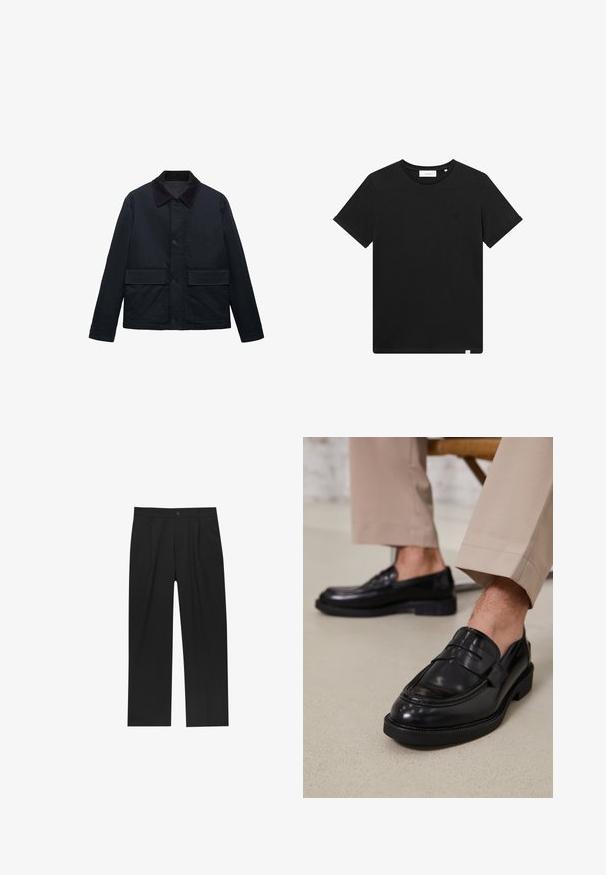 Námořnická bunda vyrobená z textilního materiálu s manšestrovým límcem, předními knoflíky a dvěma velkými horizontálními kapsami. Jednoduchý, rovný střih.; Černé tričko s krátkým rukávem vyrobené z bavlny, s kulatým výstřihem a malým vyšitým logem na hrudi. Hladká textura, standardní střih.; Černé kalhoty s rovnými nohavicemi, vyrobené z hladké tkaniny. Mají přední záhyby a jedno knoflíkové zapínání v pase.; Černé kožené loafers s hladkým povrchem, zdobené páskem a kontrastním prošíváním, spárované s béžovými kalhotami.