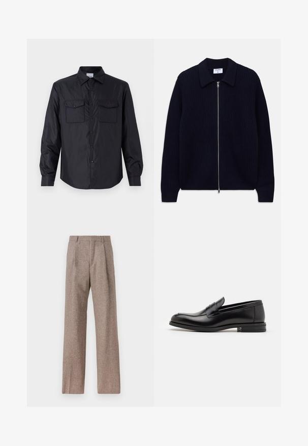 ASPESI Light jacket - nero; Navy blue ribbed knit zip-up cardigan with collar and long sleeves, laid flat on a white background.; White long-sleeve button-up shirt made of cotton, featuring a chest pocket with tonal embroidery, a collar, and button cuffs.; Brown, high-waisted trousers made of textured fabric. Features wide legs and two front pleats for structure. Neat finish with no visible hardware.; Black leather loafers with a smooth texture, rounded toe, and a decorative strap across the vamp. Low stacked heel, minimalist design.