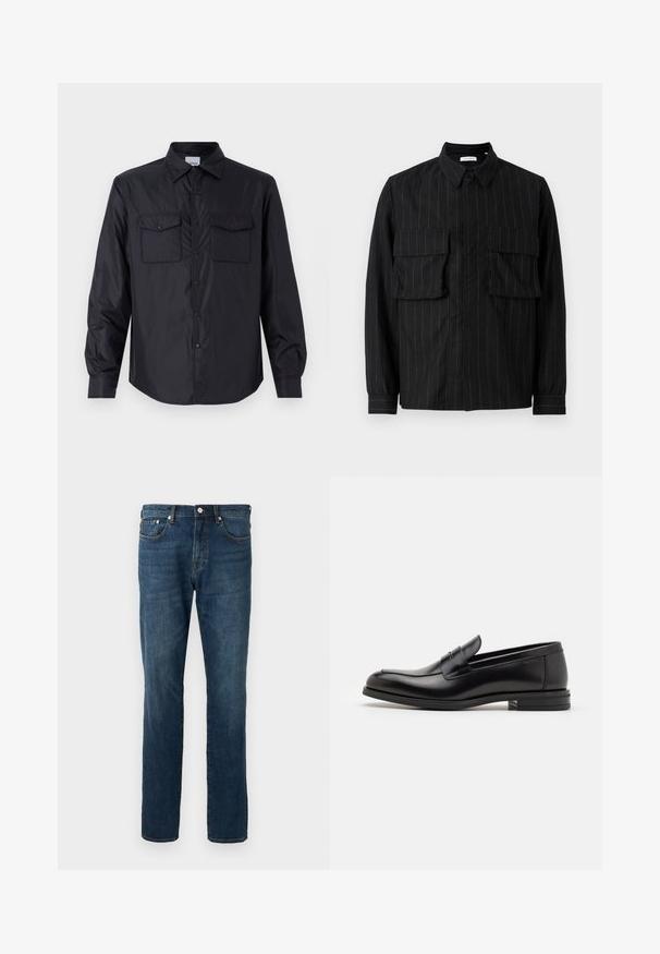 ASPESI Overgangsjakke - nero; Sorte langærmet skjorte med vertikale striber, to brystlommer, krave og knaplukning. Blødt, struktureret stof.; Mørkeblå denim jeans, lige ben, fem lommer, knaplukning, med subtile falmning og syning detaljer. Glat tekstur.; Sorte læderloafers med en glat overflade, rund tå og en dekorativ strop over vampen. Lav hæl med stabeldesign, minimalistisk stil.