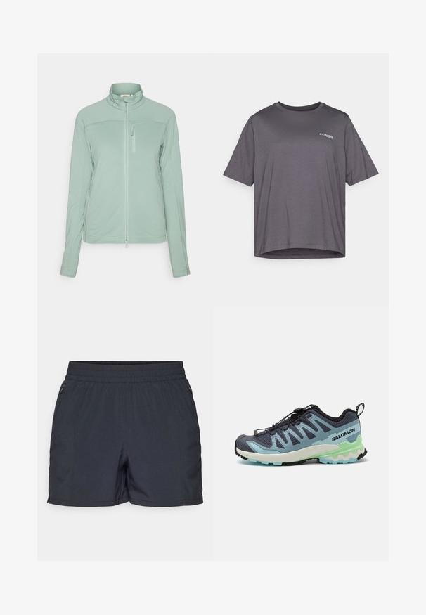 Giacca a zip verde chiaro realizzata in tessuto testurizzato, con colletto alto, tasca sul petto con zip e cuciture piatte per un look snellito.; T-shirt grigia a maniche corte realizzata in tessuto liscio. Presenta un collo rotondo e un piccolo logo stampato sul petto.; Pantaloni corti grigio scuro in materiale leggero, con vita elasticizzata, tasche laterali con cerniera e taglio dritto.; Scarpa da trail running con una toma superiore in rete blu navy e azzurro chiaro, suola testurizzata, sistema di allacciatura rapida e dettagli verdi sulla soletta.