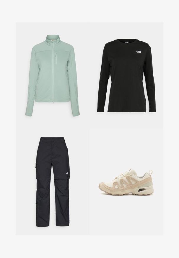 Svijetlozelena jakna sa zatvaračem, napravljena od teksturiranog materijala, s visokim ovratnikom, džepom sa zatvaračem na prsima i ravnim šavovima za moderan izgled.; Crni dugih rukava majica od pamuka s okruglim izrezom. Ima mali bijeli logo na lijevoj strani prsnog područja. Jednostavan dizajn i kroj.; Crne najlon hlače s munjevim zatvaranjem, odvojive cargo hlače s podesivim manžetama, brojnim džepovima i logom na desnoj nozi. Glatka, lagana tekstura.; Bež i kremasti sportski tenisice s teksturiranim mrežastim gornjim dijelom, potpornih preklopa i gumeni potplat s uzorcima za prianjanje.
