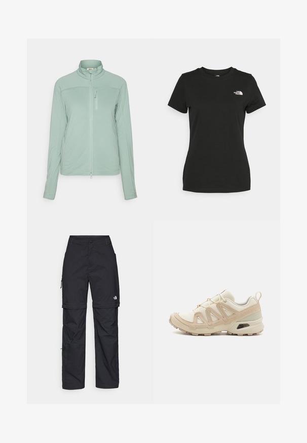 Ljusgrön zipjacka i texturerat material, med hög krage, en dragkedjeförsedd bröstficka och platta sömmar för en strömlinjeformad look.; Svart bomull t-shirt med rund halsringning och korta ärmar. Anmärkningsvärt vitt logotyp på övre vänstra sidan. Slät yta, avslappnad passform.; Svarta nylonbyxor med avtagbara ben, justerbara muddar, flera fickor och en logotyp på högra benet. Slät, lätt textur.; Beige och krämfärgad atletisk sko med texturerad meshovandel, stöttande överdrag och gummisulor med ett mönster för grepp.