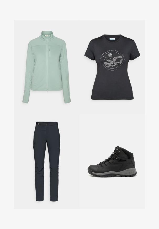 Hellgrüne Zip-Jacke aus strukturiertem Stoff, mit hohem Kragen, einer mit Reißverschluss versehenen Brusttasche und flachen Nähten für einen schlanken Look.; Schwarzes Columbia-T-Shirt mit weißer kreisförmiger Berg- und Fluss-Linienkunst und dem Text "Columbia Sportswear Company - Draußen seit 1938."; Herren Outdoor-Hosen, dunkelgrau, aus flexiblem Material, mit einem Gürtel, Reißverschlusstaschen und verstärkten Nähten.; Schwarzer Wanderstiefel mit einem mittelhohen Design, ausgestattet mit einer strukturierten Oberfläche, grauen Akzenten und einer robusten Gummisohle mit Profilstollen.