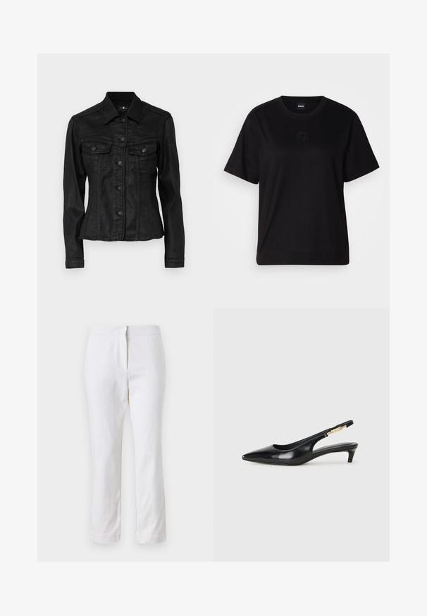 Melns denima jaka ar pieguļošu dizainu, divām krūšu kabatām un pogu aizdari. Iespējams klasiskā apkakle un redzamas šuvju detaļas.; Melna kokvilnas T-krekls ar apaļu izgriezumu, īsām piedurknēm un izšūtu logotipu uz krūtīm. Vienkāršs, brīvs piegriezums bez rakstiem.; Baltas kokvilnas bikses ar taisnu kāju dizainu, ar vidēju augstumu un bez redzamām detaļām vai rakstiem. Visā virsmā ir gluda tekstūra.; Melnas ādas slingback zābaki ar smailu purngalu, ar šauru papēdi un zelta krāsas akcentu uz regulējama siksniņas. Gluda tekstūra.