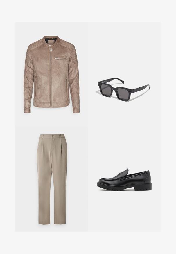 Pruun nubukist jakk, millel on tõstepood ja lukuga eesosa. Omal on ribakujulised õlavarre aksessuaarid. Esiosas on lukuga tasku ja külgedel on lukuga taskud.; Hall hall eesmise kraega ja pikkade varrukatega hall kootud sviiter. Valmistatud siledast ja pehmest materjalist, millel on vormitud disain ja soonikdetailid ääres.; Khaki püksid sirge säärega disainiga, millel on nuppude sulgemine ja volditud eesosa. Valmistatud siledast kangast, millel on mati viimistluse.; Mustad musta nahast loafers, ümmarguse toe, libisemisega disain ja paks kummist tald, millel on tekstureeritud haardepind. Tõstetud kand ja peened õmblusdetailid.; Mustad mustan värvi päikeseprillid tumedate läätsedega, pakse raami, diskreetsete detailidega külgedel ning ilma nähtavate logota, peale brändinime.; Must musta õlakott, millel on klapp, kaks hõbedast kinnitust, kollane niit ja reguleeritav rihm. Omab sujuvat tekstuuri ja kompaktset disaini.; Hõbedane roostevabast terasest kvarts kell musta ristküliku kujulise näoga, millel on analoognõjad, digitaalelektrooniline kuva ja vee vastupanu silt.