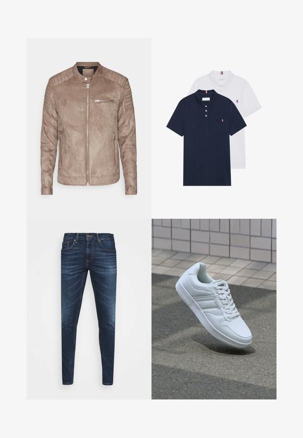 Veste en daim marron avec col montant, fermeture éclair et accents côtelés aux épaules. Présente une poche zippée à l'avant et des poches latérales zippées.; Deux polos : un bleu marine et un blanc, tous deux avec un petit accent rouge, blanc et bleu sur la poche poitrine et le col.; Jean en denim bleu foncé avec une coupe slim, décoloration subtile, cinq poches et une fermeture à bouton en métal. Accents cousus dans une couleur contrastante.; Baskets blanches de sport avec une tige en cuir lisse, un laçage à l'avant, une pointe perforée et une semelle à motifs. Design minimaliste avec trois bandes latérales.