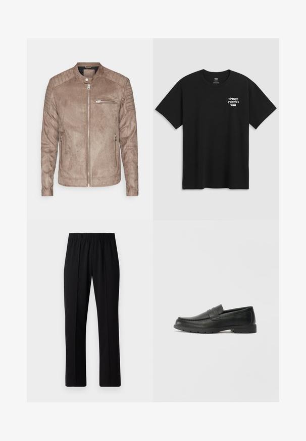 Brown suede jacket with a stand collar, zip closure, and ribbed shoulder accents. Features a front zip pocket and side zippered pockets.; Black cotton t-shirt featuring a chest print that reads "HOUSE PLANTS" in white stylized font with "Levi's" below. Classic crew neckline.; Black, elastic-waist trousers with a straight-leg design, featuring a smooth texture and no visible patterns or hardware.; Black leather loafers with a smooth finish, moccasin-style upper, stitched detailing, and a rubber sole. Classic design with a low heel.
