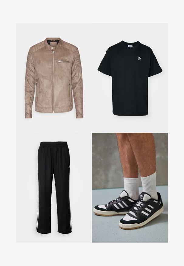 Brun semsket skinnjakke med stående krage, glidelåslukking og ribbede skulderdetaljer. Har en frontlomme med glidelås og sidelommer med glidelås.; Svart bomull T-skjorte med rund hals og korte ermer, med en liten hvit Adidas-logo på venstre brystområde.; Sorte treningsbukser med elastisk midjebånd, med hvite sidestiper og en liten logo. Materialet ser mykt og lett ut.; Sorte og hvite sneakers med overdel i semsket skinn og lær, med tre hvite striper, perforert tå og en såle av gummi.