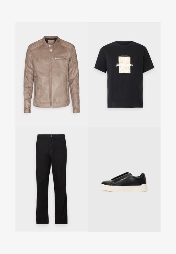Veste en daim marron avec col montant, fermeture éclair et accents côtelés aux épaules. Présente une poche zippée à l'avant et des poches latérales zippées.; T-shirt noir en coton avec col rond. Présente un graphique rectangulaire beige et un texte blanc "JAWO" centré sur le devant. Manches courtes.; Pantalons en coton noir avec une coupe droite, dotés d'une fermeture à bouton, de poches avant et arrière, et d'une texture lisse.; Baskets noires à enfiler avec un dessus en cuir texturé, semelle en caoutchouc blanche et sans lacets visibles. Présente le logo de la marque sur le côté.