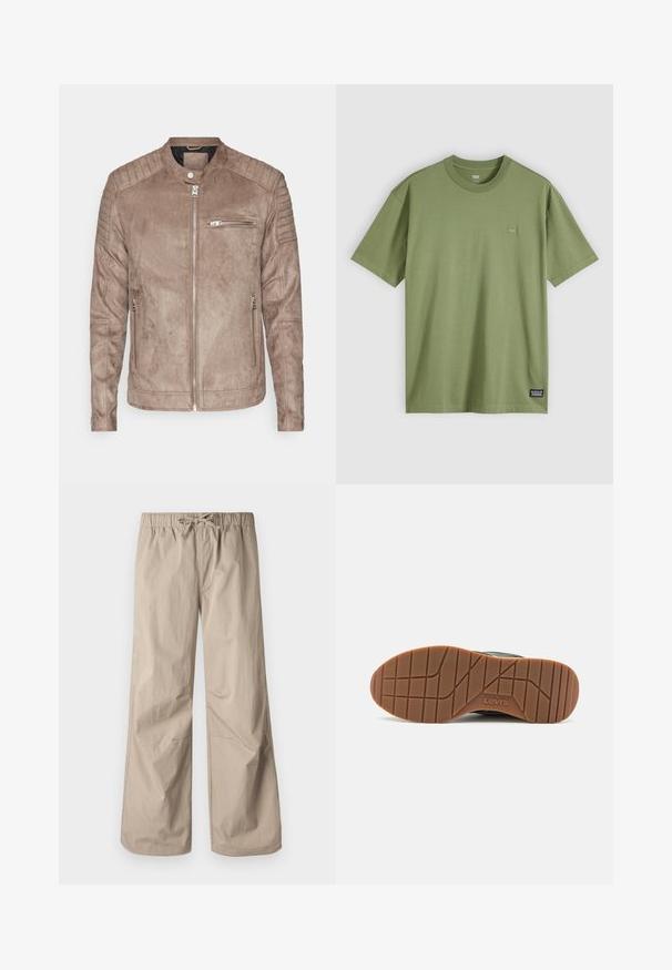Giacca in suede marrone con collo alto, chiusura con zip e spalline a coste. Presenta una tasca frontale con zip e tasche laterali con zip.; T-shirt di cotone verde oliva con scollo a barca e maniche corte. Presenta un piccolo e discreto logo ricamato sul petto e un'etichetta del marchio tessuta sull'orlo.; Pantaloni beige a gamba larga con vita elastica e cordino. Tessuto liscio, due tasche laterali e cuciture minime per una vestibilità rilassata.; Sneaker nera Levi's con suola in gomma caratterizzata da un motivo testurizzato e una suola di colore marrone chiaro, contrassegnata dal nome del marchio.