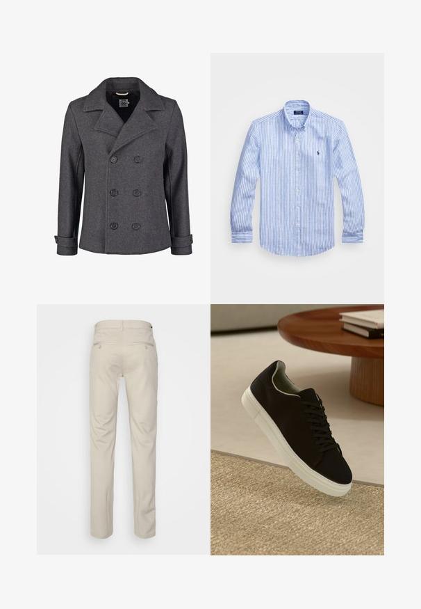 Pilkas vilnonis puspalčio paltas su dvigubos sagos dizainu, didelėmis apykaklėmis ir juodomis sagomis. Yra rankovių detalės ir tekstūruoto audinio apdaila.; Mėlynos ir baltos dryžuotos ilgomis rankovėmis medvilninė marškiniai, turintys sagtelę ant apykaklės, priekinius mygtukus ir mažą išsiuvinėtą logotipą krūtinėje.; Bežinės kelnės su lygia tekstūra, tiesiu pjūviu, dviem užpakalinėmis kišenėmis su sagomis ir standartine juosmena.; Juodas sportinis batelis su baltu padu, lekiančius virš smėlio spalvos tekstūruoto kilimo šalia apvalaus medinio stalo su sukrautomis knygomis.