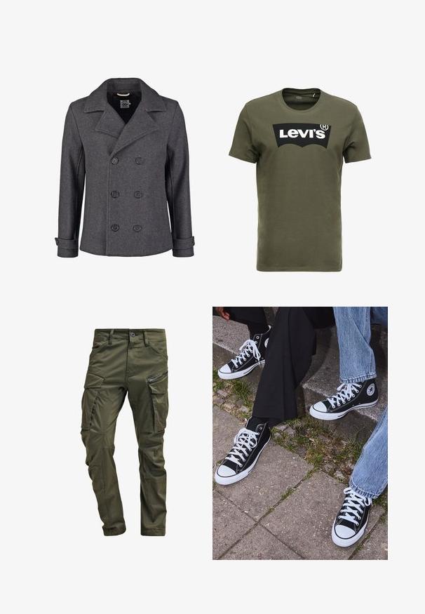 Grauer Woll-Peacoat mit doppelreihigem Design, großen Revers und schwarzen Knöpfen. Besitzt Ärmelaufschläge und eine strukturierte Stoffoberfläche.; Olivegrünes Baumwoll-T-Shirt mit einem großen schwarzen Levi's-Logo auf der Vorderseite. Klassischer Rundhalsausschnitt und kurze Ärmel, glatte Textur.; Olivgrüne Cargo-Hosen aus strapazierfähiger Baumwolle. Sie verfügen über mehrere Taschen, eine mit Reißverschluss versehene Seitentasche und ein tapered Bein mit einer leicht strukturierten Oberflächenbeschaffenheit.; Schwarzecanvas-Sneaker mit hohem Schaft, weißen Gummisohlen und Schnürsenkeln, die ein rundes Logo an der Seite besitzen und mit Denim- sowie schwarzen Hosen kombiniert sind.