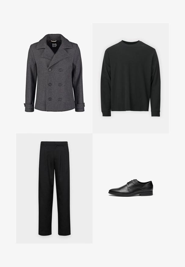 Gray wool pea coat with a double-breasted design, large lapels, and black buttons. Features cuff detail and a textured fabric finish.; Long-sleeve black T-shirt made of cotton, featuring a round neckline, loose fit, and ribbed cuffs. Smooth texture with no visible patterns.; Black trousers made of smooth fabric, featuring a straight-leg design, two front pleats, and standard waistband with belt loops.; Black leather dress shoe with a smooth texture, rounded toe, and four eyelet lace-up design. Features a low stacked heel and stitched details.