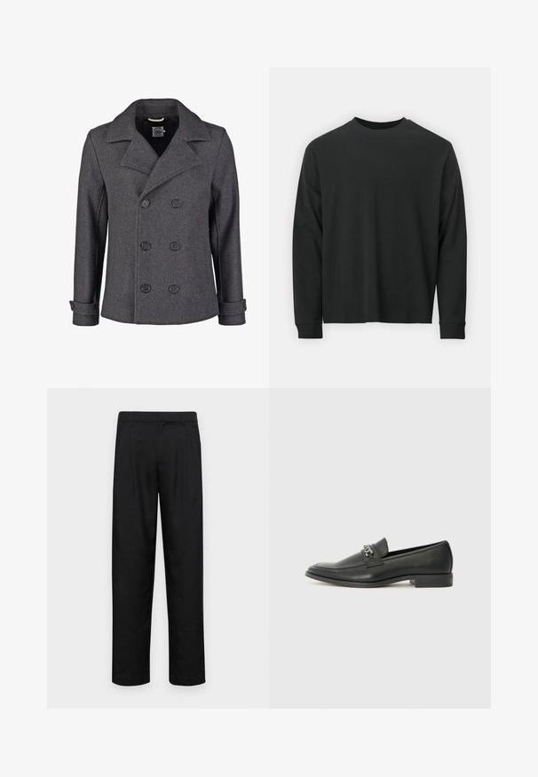 Sivi vuneni kaput s pečatom s dvostrukim kopčanjem, velikim reverima i crnim dugmadi. Ima detalje na rukavima i teksturiranu površinu.; Dugi rukav crni majica od pamuka, s okruglim izrezom, slobodnog kroja i rebrastim manžetama. Glatka tekstura bez vidljivih uzoraka.; Crne hlače od glatkog materijala, s dizajnom ravnih nogavica, dva prednja nabora i standardnim pojasom s petljama za remen.; Crna kožna loafer cipela s glatkom finišem, s ušivenim uzorkom i dekorativnim metalnim lancem preko prednjeg dijela. Ravni potplat.