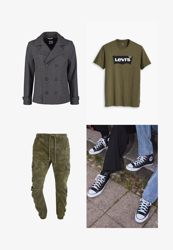 Cappotto di lana grigio con design doppiopetto, grandi rever e bottoni neri. Presenta dettagli ai polsini e una finitura in tessuto texture.; T-shirt di cotone verde oliva con un grande logo Levi's nero in una forma semi-arcuata a contrasto sul petto. Vestibilità regolare.; Pantaloni cargo verdi con motivo camouflage, vita con coulisse, polsini elasticizzati e tasche laterali. Realizzati in tessuto resistente.; Sneakers alti neri in tela con suole e lacci bianchi, dotati di un logo circolare di lato e abbinati a pantaloni in denim e neri.