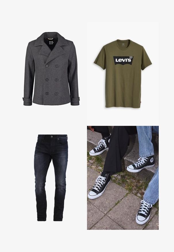 Harmaa villainen pikkutakki, jossa on kaksirivinen malli, suuret läpät ja mustat nappit. Sisältää hihansuut yksityiskohtia ja tekstuuripinnoitteen.; Oliivinvihreä puuvillainen t-paita, jossa suuri musta Levi's-logo kontrastivärisenä puolikaarena rinnalla. Normaali istuvuus.; Tummansiniset slim fit -farkut, joissa on vähäistä kulutusta reiden ja polvien kohdalla. Farkuissa on etupussit, vyölenkit ja nappisuljenta.; Mustat korkeat kangaslenkkarit, joissa on valkoiset kumipohjat ja nauhat, sivussa on pyöreä logo, ja ne on yhdistetty farkkuihin ja mustiin housuihin.