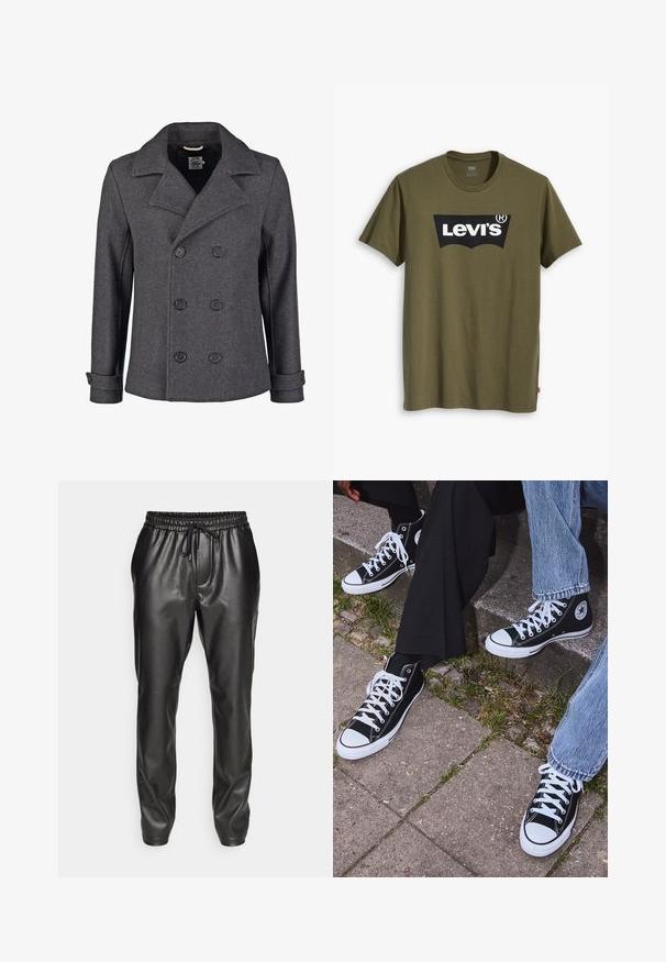 Grijze wollen pea coat met een dubbele knopenrij, grote revers en zwarte knopen. Beschikt over manchet details en een textuurafwerking.; Olijfgroen katoenen T-shirt met een groot zwart Levi's-logo in een contrasterende semi-gebogen vorm over de borst. Regular fit.; Zwarte leren joggerbroeken met een elastische tailleband en verstelbaar trekkoord. Gladde textuur, taps toelopende pasvorm en opgerolde enkels.; Zwarte canvas sneakers met hoge schacht, witte rubberen zolen en veters, met een cirkelvormig logo aan de zijkant, gecombineerd met denim en zwarte broeken.