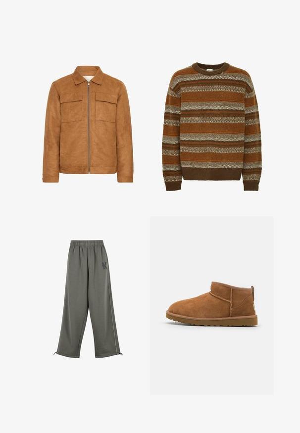Bruine suède jas met een kraag, twee voorzakken en een centrale rits. Heeft een zachte textuur en een relaxte silhouet.; Solid SDMAXWELL - Trui - slate black; Karl Kani KK OS SIDESTRIPE - Broek - grey; Tan suède enkellaars met een ronde neus, subtiele stiksels en een gestructureerde rubberen zool. Korte hoogte zonder veters.