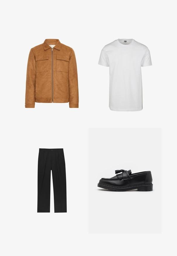 Barna velúr dzseki, gallérral, két elülső zsebbel és középső cipzárral. Simává varázsolt textúrával és laza szabással rendelkezik.; Fehér pamut póló kerek nyakkivágással, rövid ujjakkal és laza szabással. Címke: "URBAN CLASSICS". Sima текстúrájú, minta vagy díszítés nélkül.; Fekete nadrág egyenes szárú kialakítással, sima anyagból készült. Elöl redők és egy gombos záródás található a derékon.; Fekete bőr lófarok, bojt kiegészítővel, varrott részletekkel a szélein és vastag gumitalppal a tartósság érdekében.